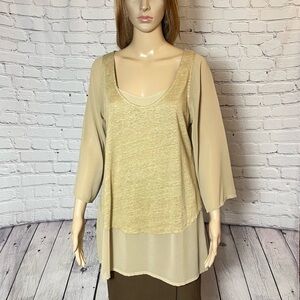 New Soft Surroundings Linen Mix Media 3/4 Sleeve Beige Tunic Size PL
